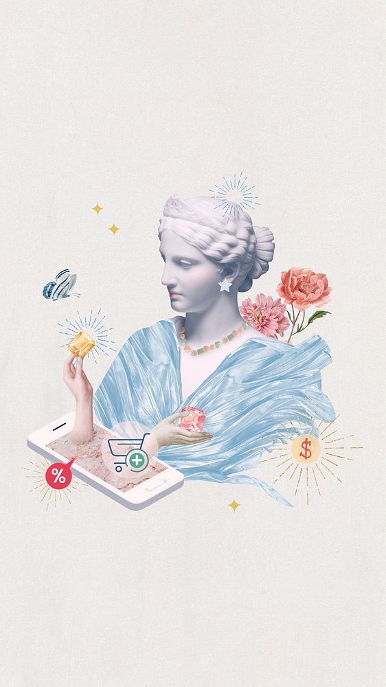 Online shopping aesthetic phone wallpaper, Greek Goddess remix