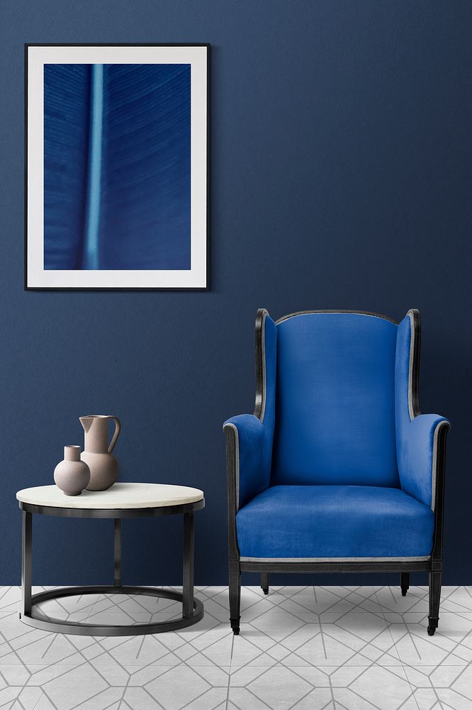 Picture frame mockup psd, blue home corner interior design 