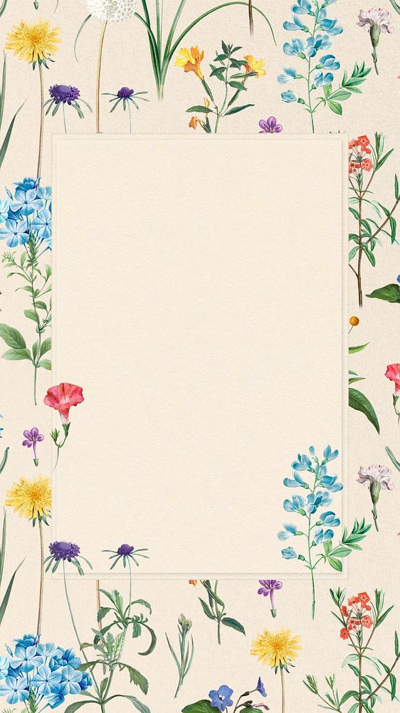Beige Spring mobile wallpaper, vintage flower frame illustration by Pierre Joseph Redouté. Remixed by rawpixel.