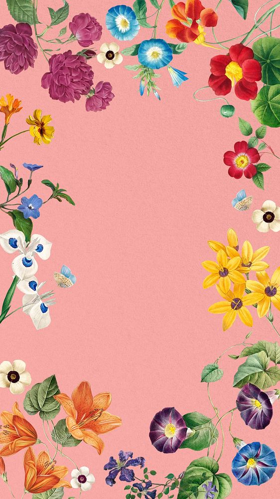 Pink Spring iPhone wallpaper, vintage floral frame illustration by Pierre Joseph Redouté. Remixed by rawpixel.