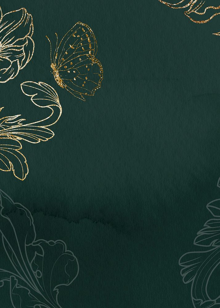 Dark green watercolor background, gold flower border