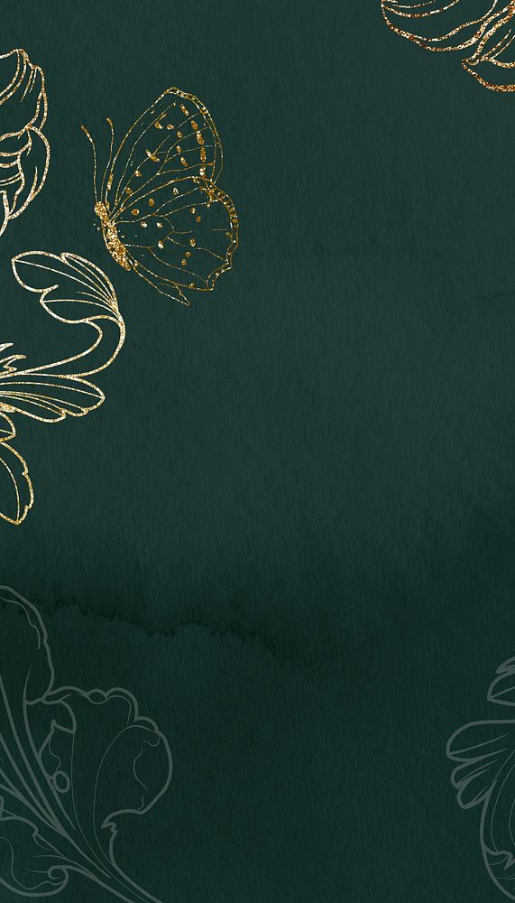 Dark green watercolor iPhone wallpaper, gold flower border