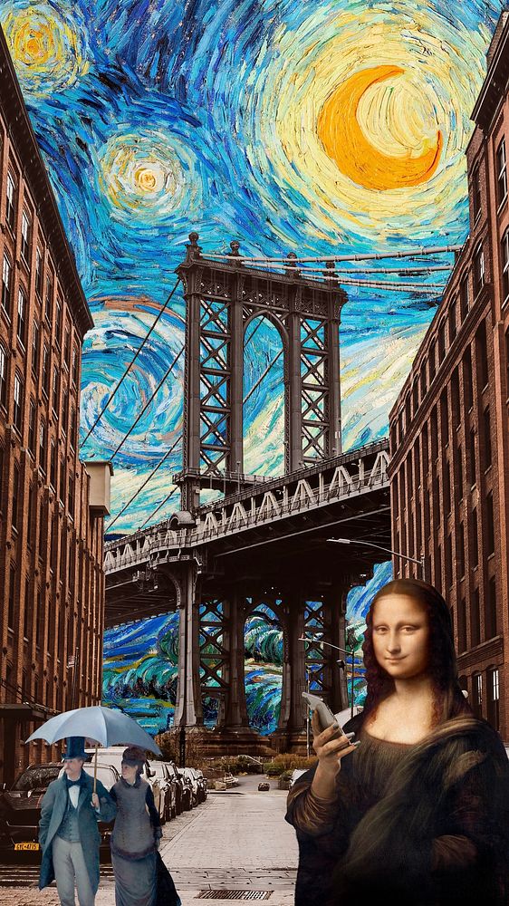 Manhattan Bridge, Mona Lisa iPhone wallpaper. Remixed by rawpixel.