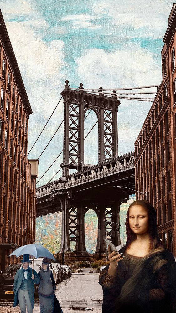Manhattan Bridge, Mona Lisa iPhone wallpaper. Remixed by rawpixel.
