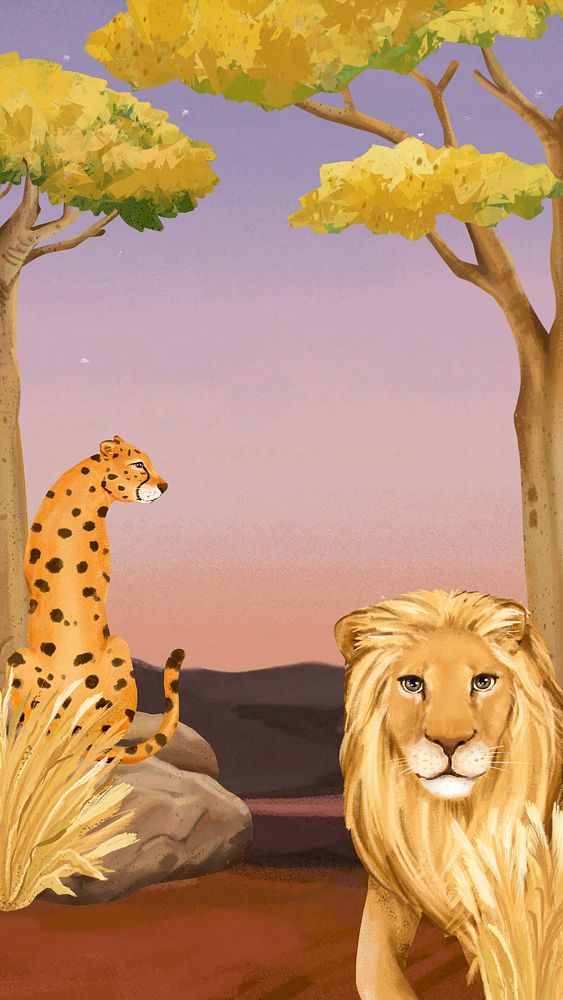 Night safari iPhone wallpaper, lion & leopard drawing design