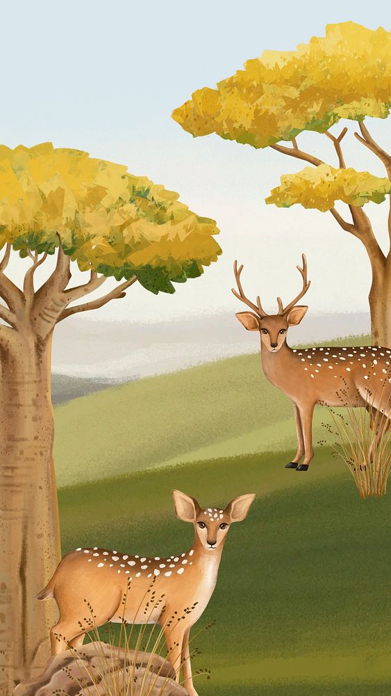 Savanna deer iPhone wallpaper, wildlife drawing illustration