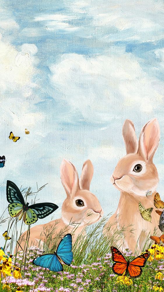 Aesthetic rabbits iPhone wallpaper, drawing design