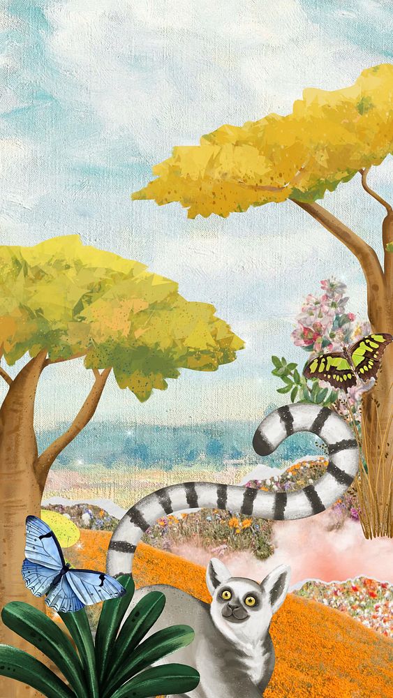 Cute wildlife mobile wallpaper, lemur drawing design