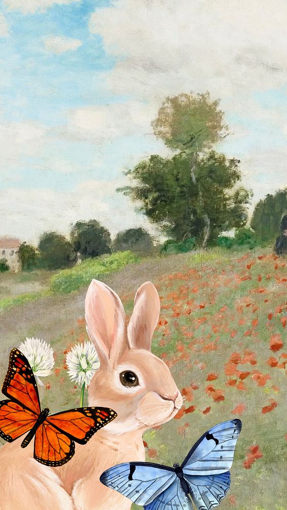 Rabbit in garden iPhone wallpaper, drawing design