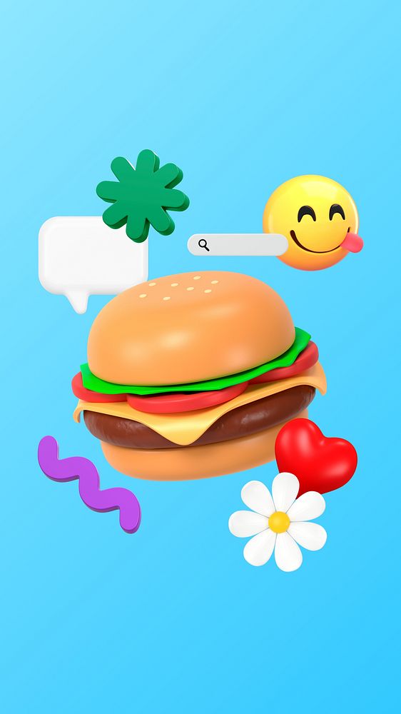3D hamburger iPhone wallpaper, emoticon eating food illustration