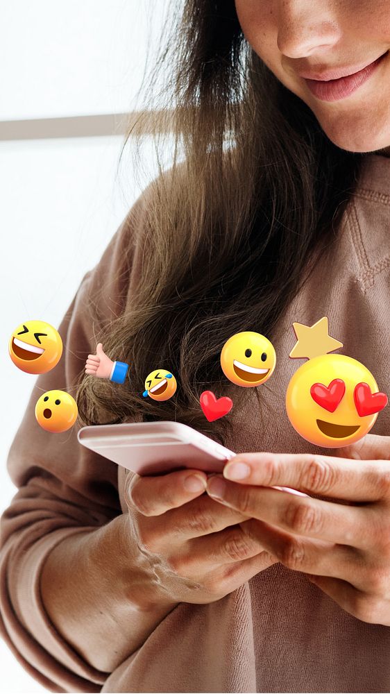 Woman using phone iPhone wallpaper, 3D social media engagement emoticons remix