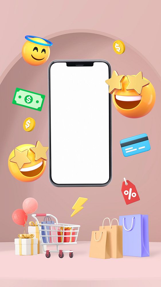 3D online shopping iPhone wallpaper, emoticon illustration
