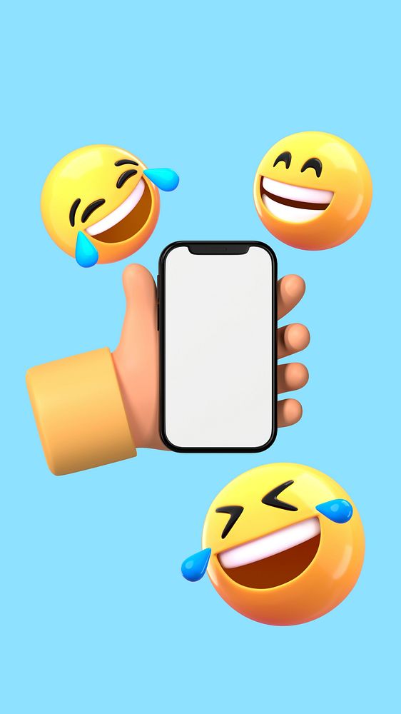 Happy emoticons iPhone wallpaper, 3D hand holding phone graphic