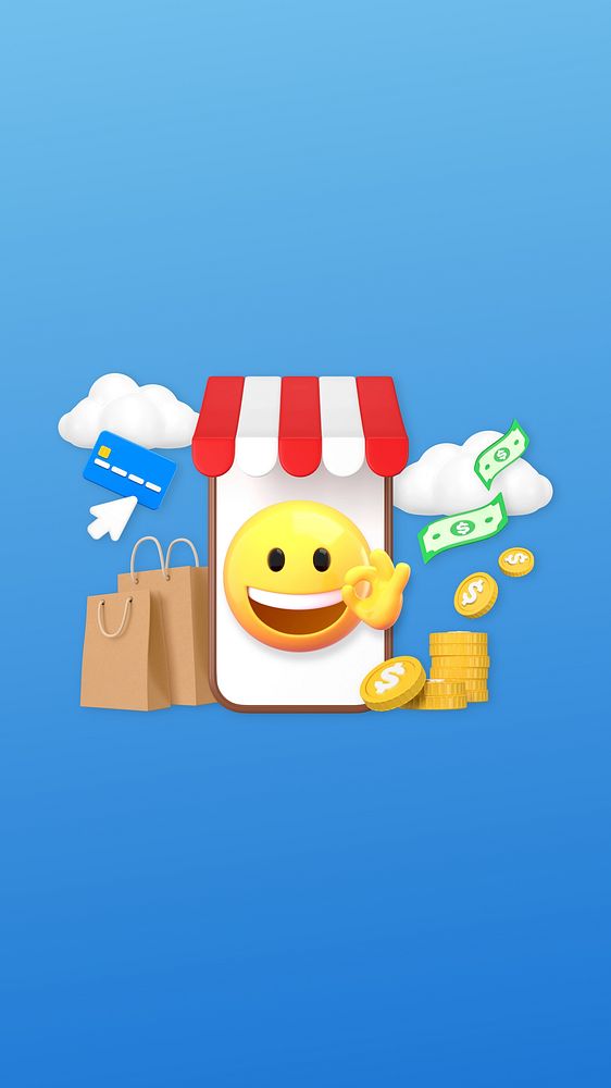 Online shopping  phone wallpaper, 3D emoji illustration 