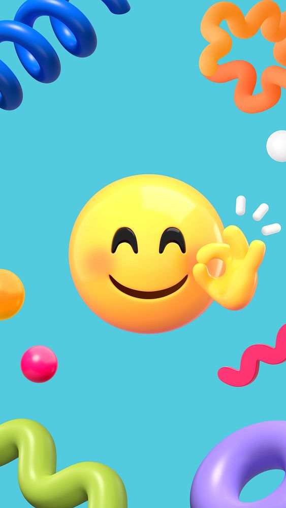 Smiling emoticon blue mobile wallpaper, 3D emoji illustration 