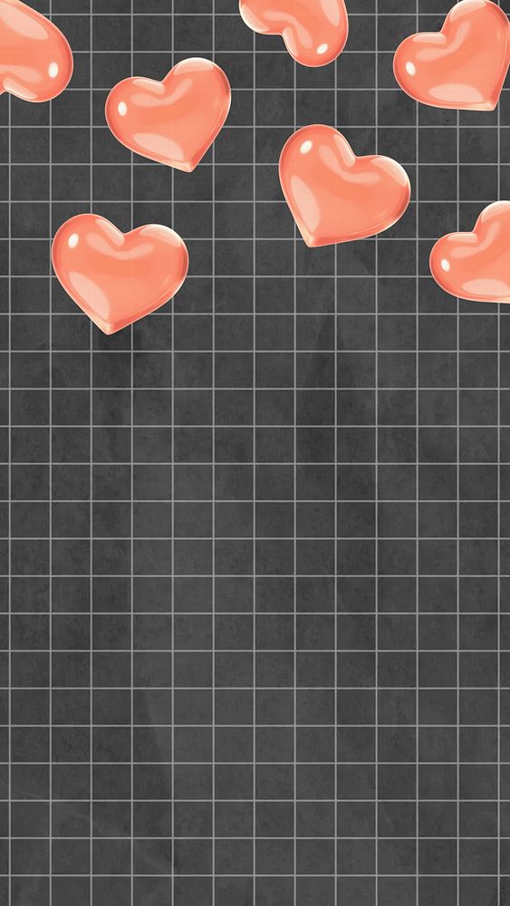 3D falling hearts phone wallpaper, black grid background