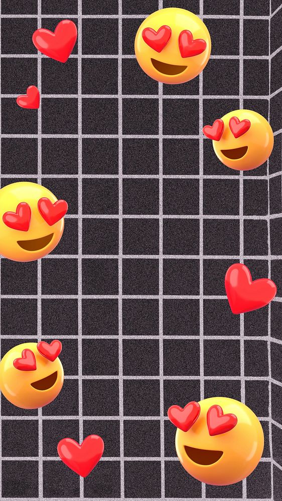 3D heart-eyes emoticons phone wallpaper, black grid background