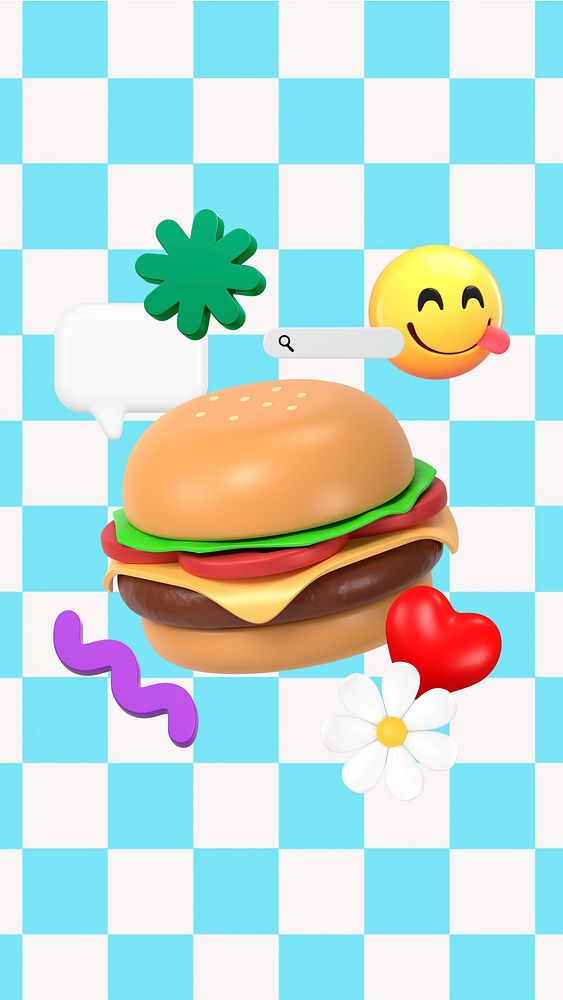 3D hamburger iPhone wallpaper, emoticon eating food illustration