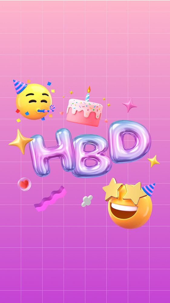 HBD 3D emoticons iPhone wallpaper, pink grid pattern background