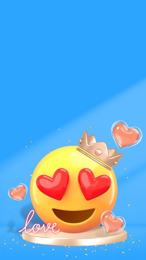 Heart-eyes crown emoticon mobile wallpaper, blue 3D background