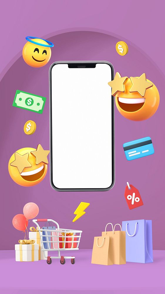Online shopping iPhone wallpaper, 3D emoticons & blank phone screen