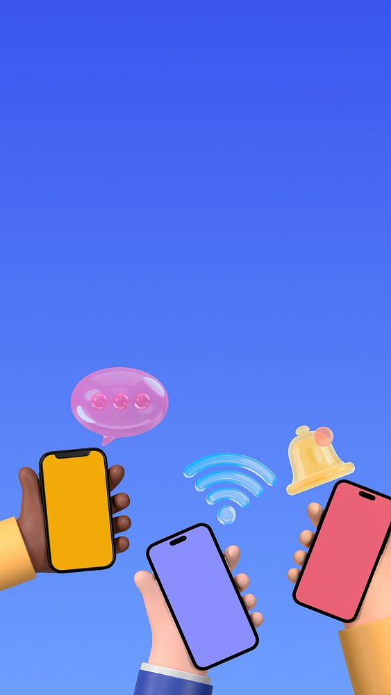 Hands holding smartphones mobile wallpaper, 3D social media background