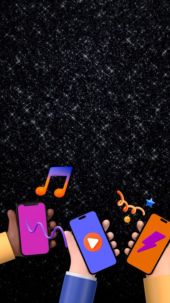 Music lovers phone wallpaper, hands holding smartphones illustration