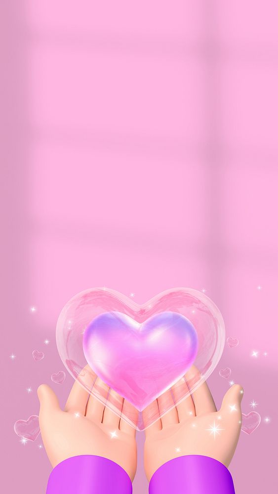 Hand presenting heart mobile wallpaper, pink 3D aesthetic design