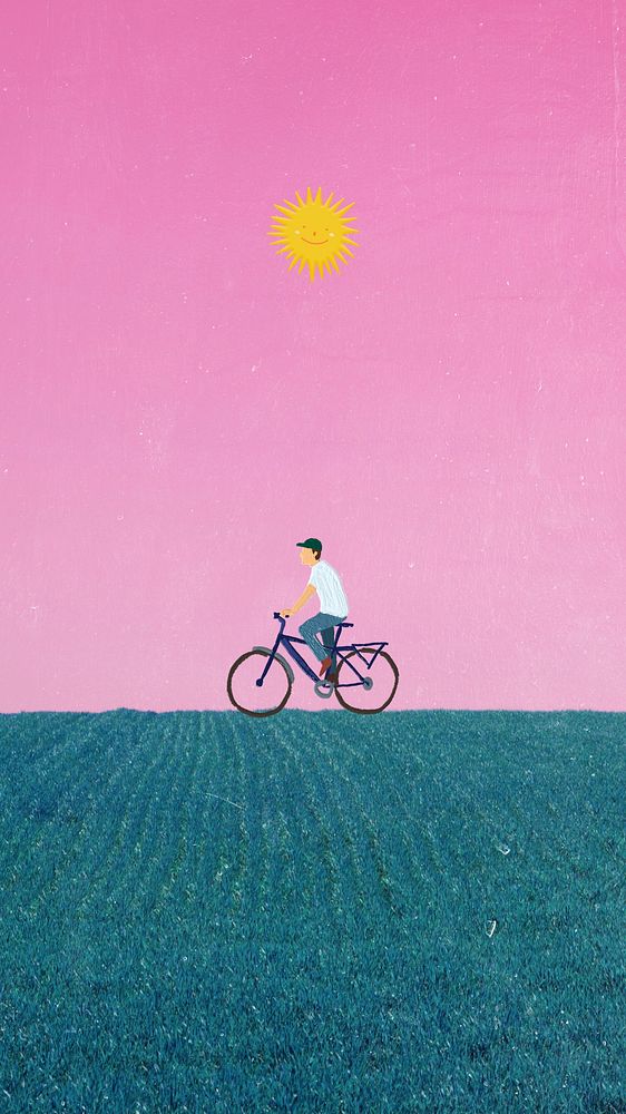 Aesthetic pink evening iPhone wallpaper, man riding bike