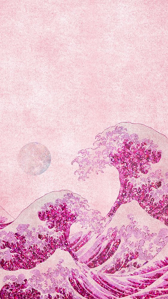 Hokusai's Japanese wave phone wallpaper, pink ocean, remixed by rawpixel