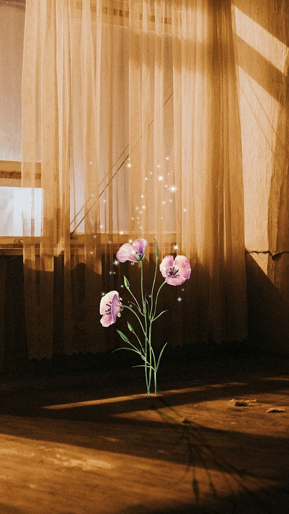 Golden hour flower phone wallpaper, wooden room aesthetic