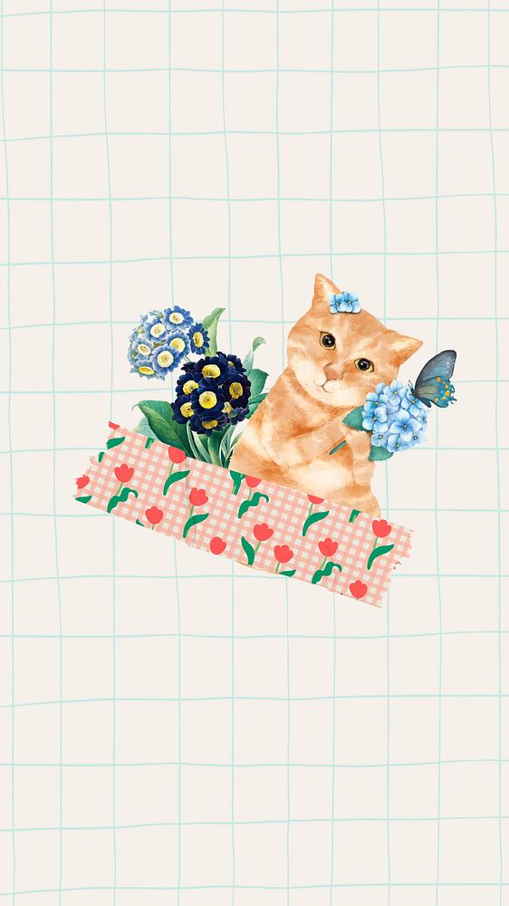 Cute cat collage iPhone wallpaper, floral background