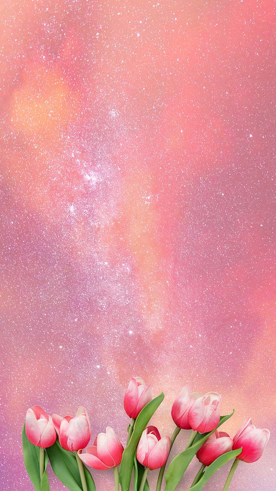 Pink galaxy sky iPhone wallpaper, tulip flowers border