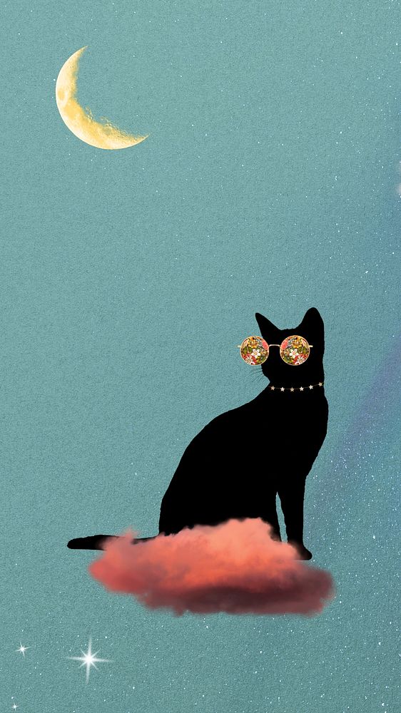 Surreal black cat iPhone wallpaper, dreamy sky background