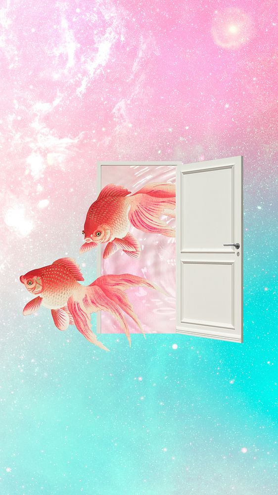 Dreamy goldfish iPhone wallpaper, surreal pink galaxy background