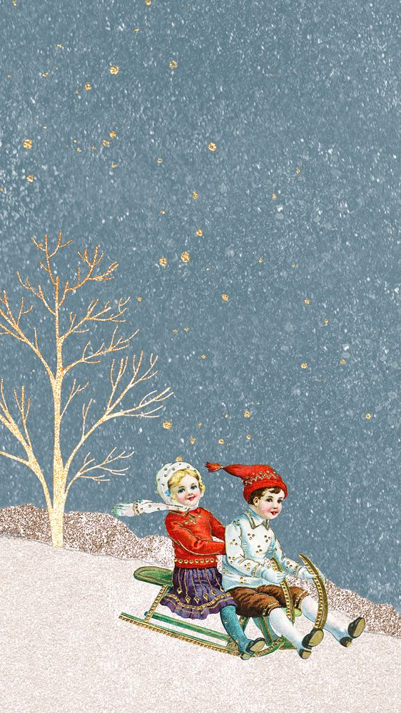 Vintage kids on sleigh iPhone wallpaper, winter design 