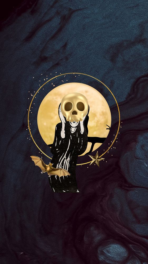 The Scream mobile wallpaper, 3D gold skull, remixed by rawpixel