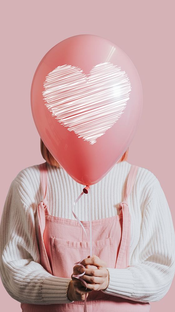 Pink aesthetic love iPhone wallpaper, woman holding balloon design