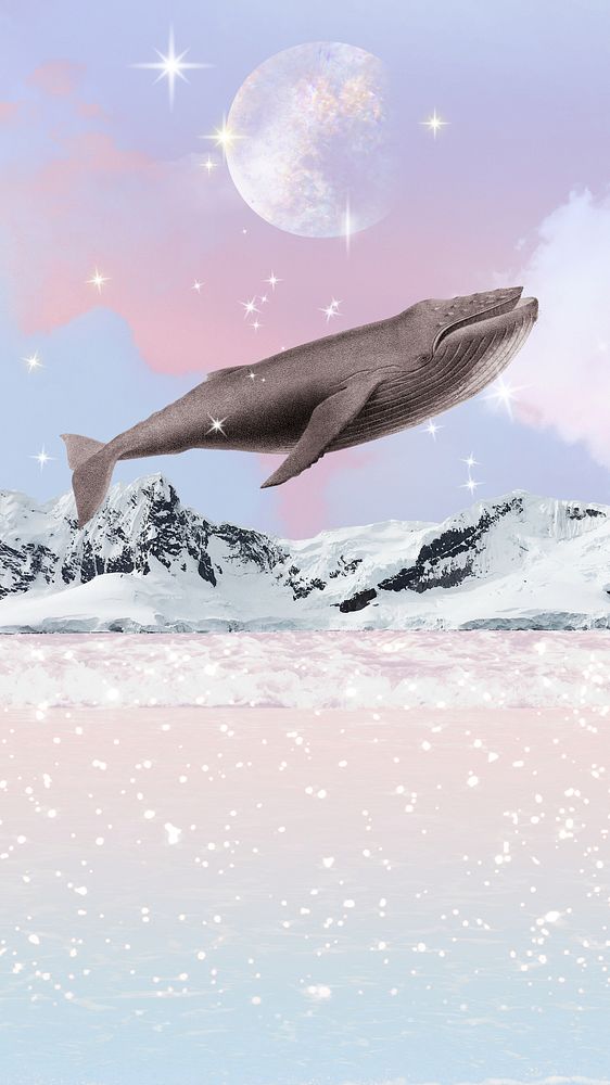 Surreal swimming whale iPhone wallpaper, snowy mountains background