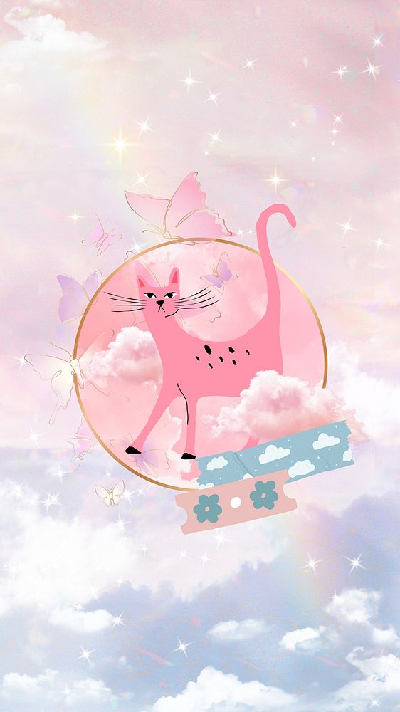 Cartoon cat dreamscape iPhone wallpaper, pink sky background