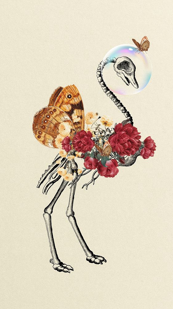 Surreal bird floral  iPhone wallpaper, vintage remix