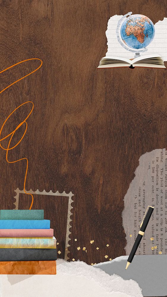 Aesthetic education collage iPhone wallpaper, wooden textured background
