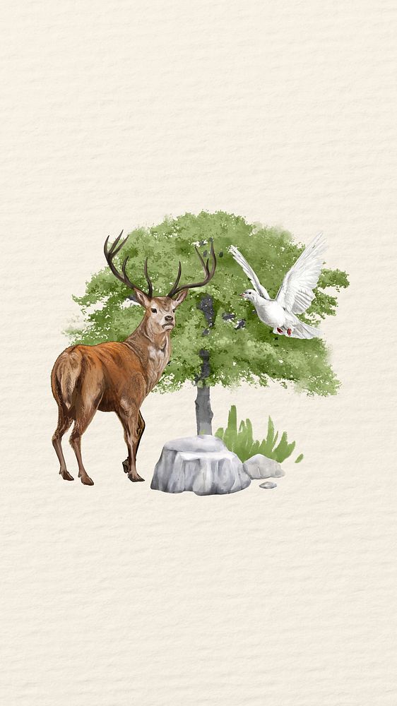 Aesthetic stag deer mobile wallpaper, nature illustration