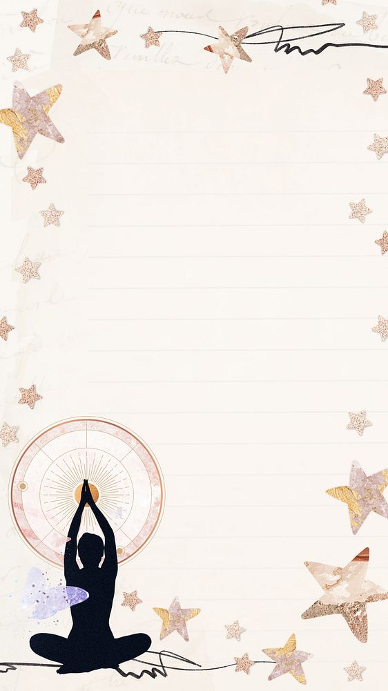 Aesthetic meditating woman phone wallpaper, star frame background