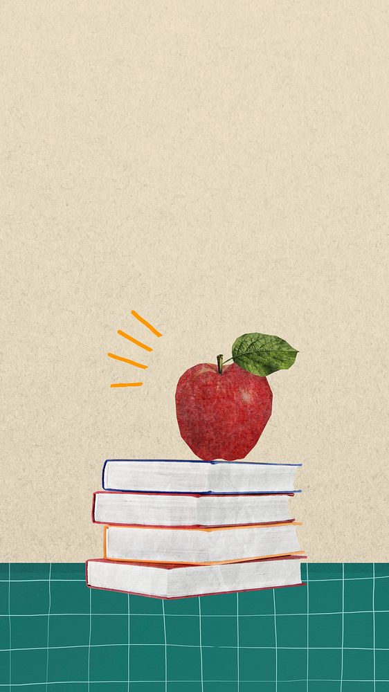 Apple on books phone wallpaper, cute education background