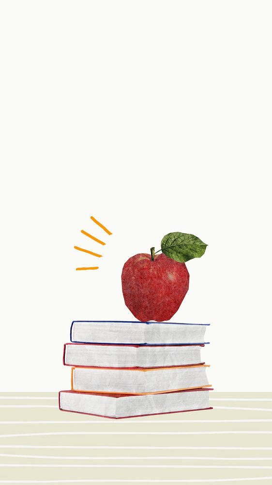 Apple on books phone wallpaper, cute education background