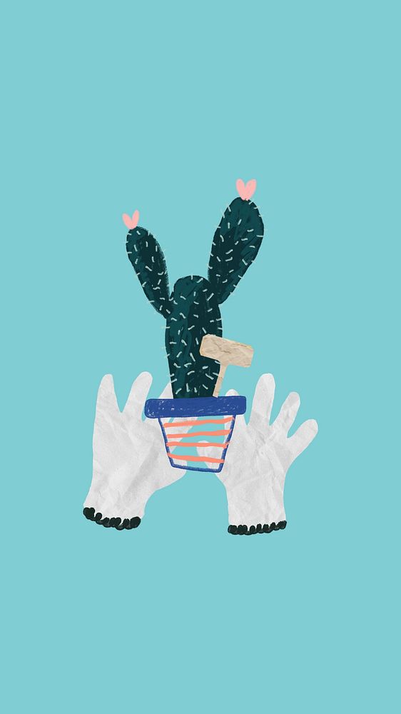 Cute cactus phone wallpaper, gardening hobby illustration