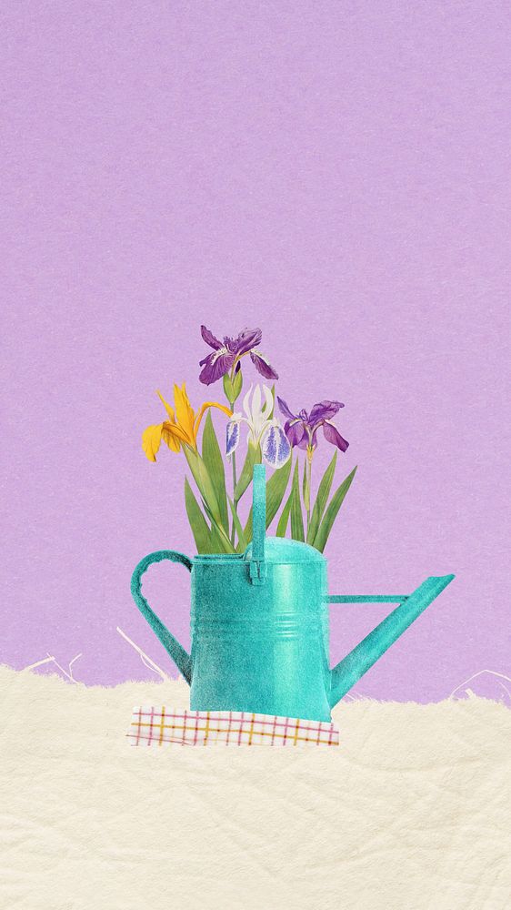 Flower mobile wallpaper, iris in teal watering can remix illustration