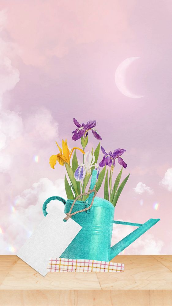 Floral iPhone wallpaper, iris in teal watering can remix illustration
