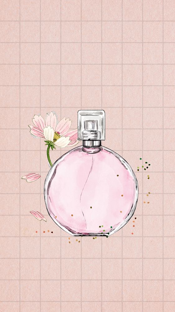 Floral perfume phone wallpaper, pink grid background